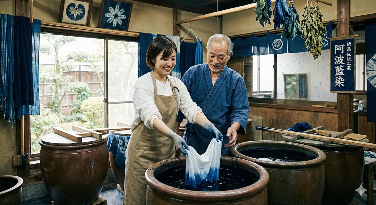 徳島の伝統的な工房で、職人に優しく教わりながら白い布を美しいジャパンブルーに染め上げる藍染め体験