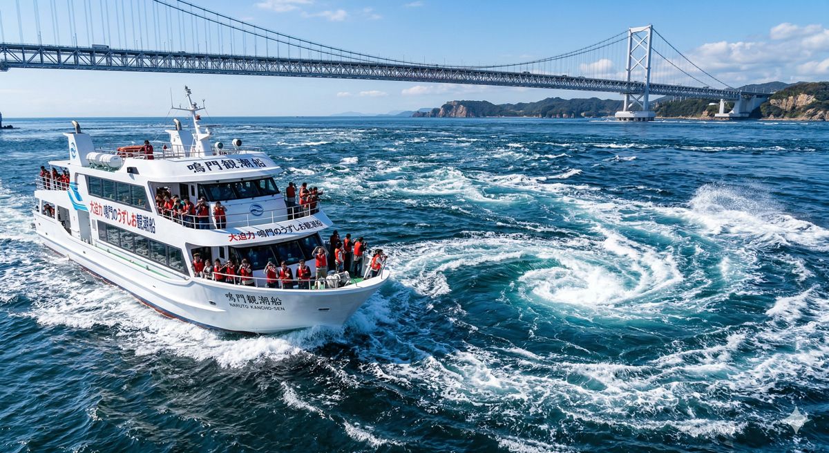 青い海に白波を立てて大迫力で渦巻く鳴門のうずしおに、遊覧船が安全な距離まで大接近している光景