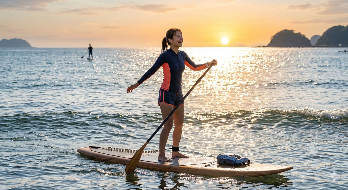 朝日が反射するキラキラ光る海面を背景に、海のアクティビティを楽しみたくなるイメージ