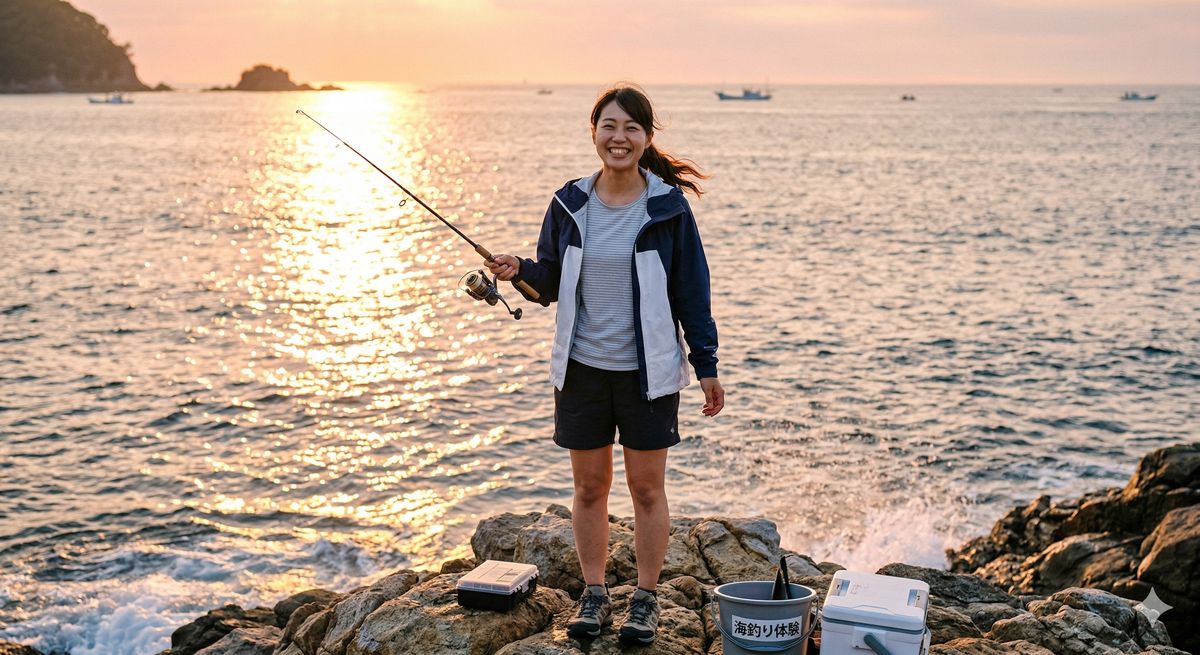 朝日が反射するキラキラ光る海面を背景に、釣り竿を持って笑顔で立つ体験者の様子
