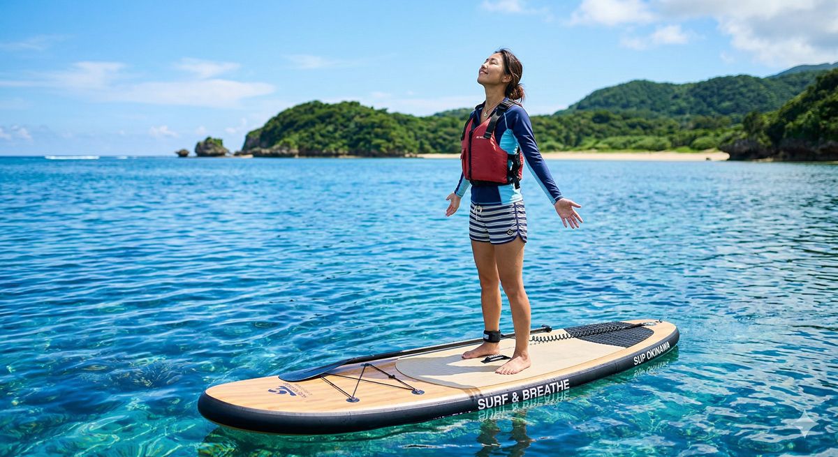 透明度の高い青い海でSUPボードに乗りながら、気持ちよさそうに深呼吸をしている女性