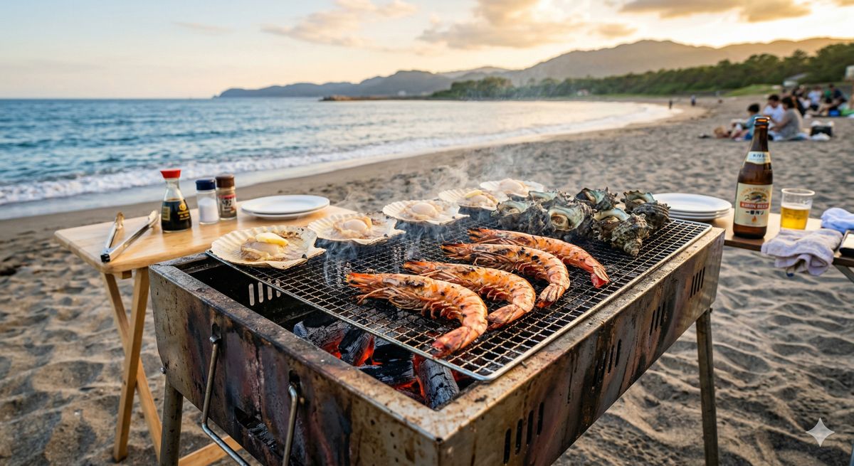 ビーチサイドのBBQグリルで、大きなホタテやサザエ、エビが香ばしく焼かれている様子