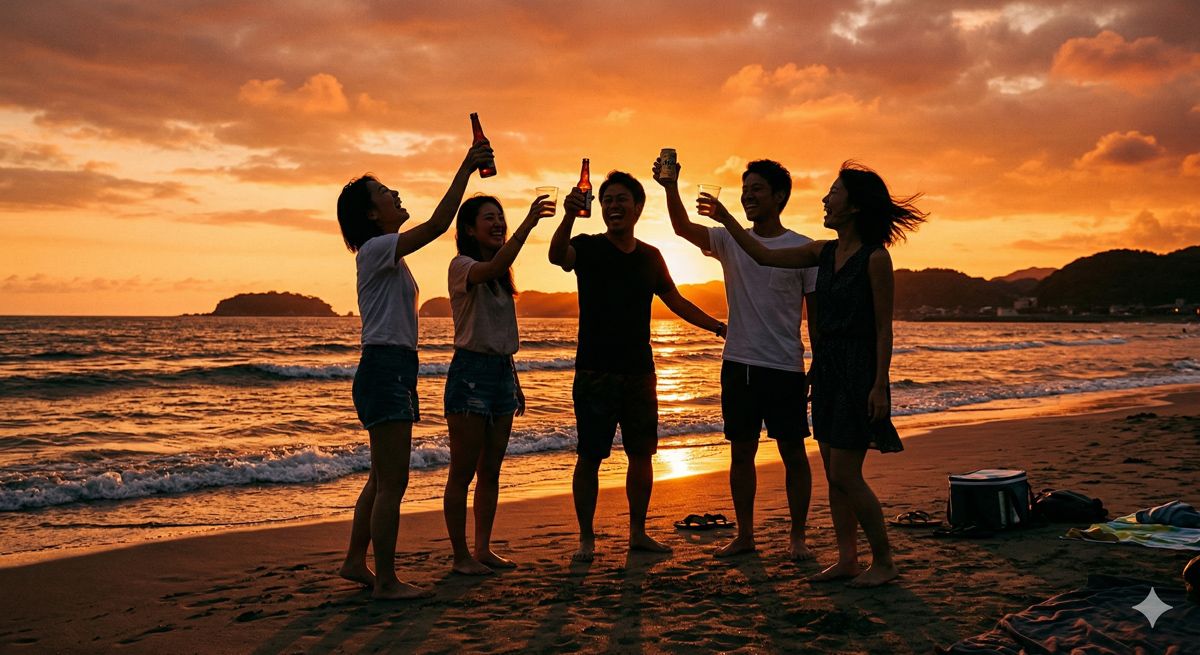 夕暮れのオレンジ色に染まるビーチで、友人たちと満面の笑みで乾杯しているシルエット