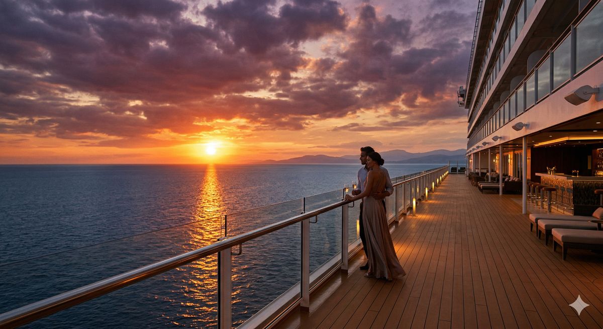 豪華客船のデッキから夕日を眺めるような、ロマンチックで壮大な海の景色のイメージ