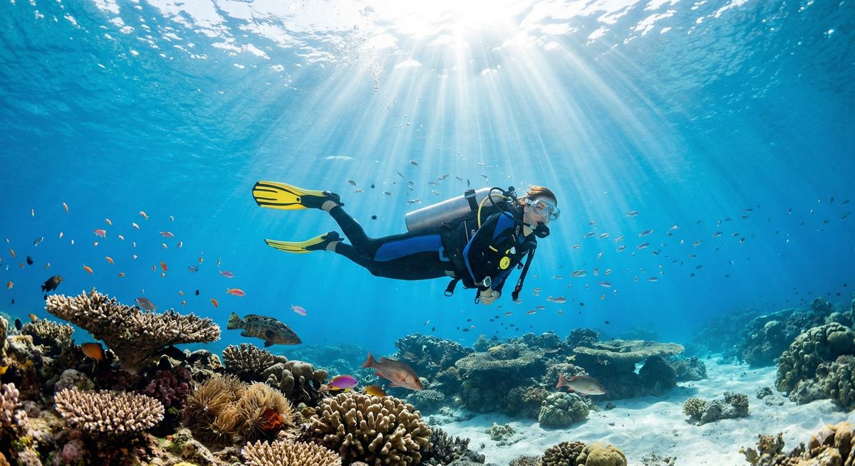 透明度の高い海で、光のカーテンが差し込む水中を優雅に泳ぐダイバーのイメージ