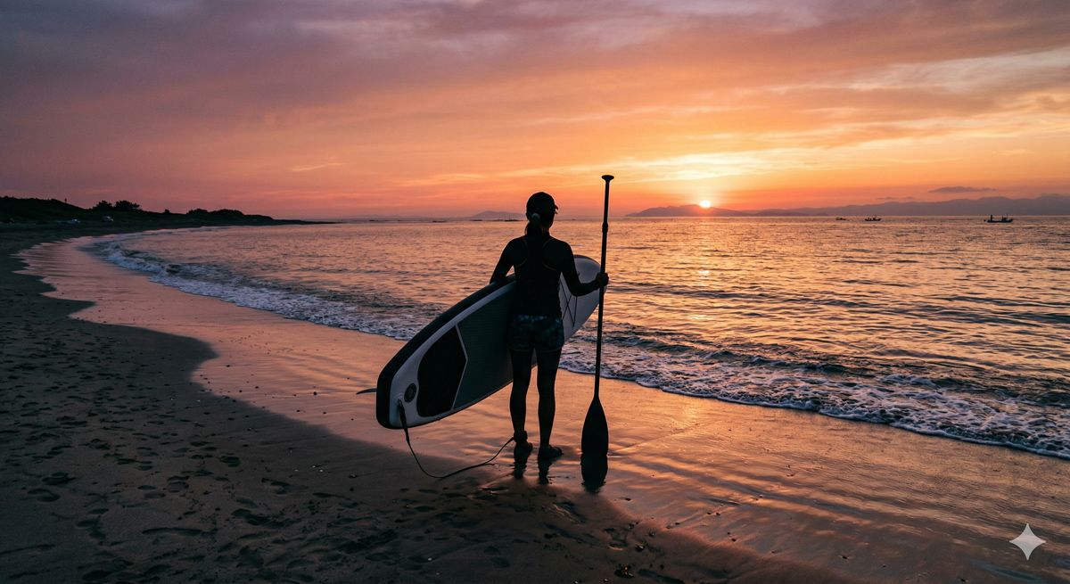 夕暮れ時の海辺で、SUPボードを持って水平線を眺める人のシルエット