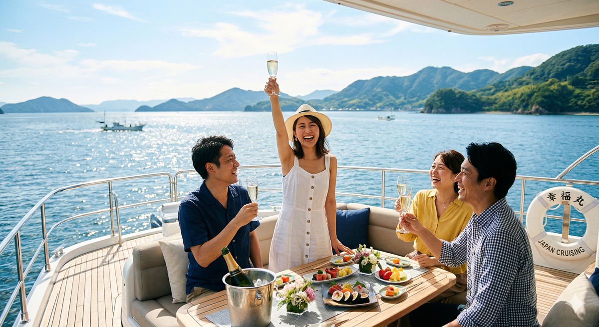 船の上でシャンパングラスを掲げ、仲間と笑い合う幸せな瞬間のイメージ