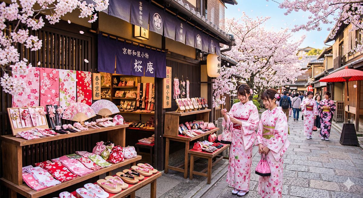 色鮮やかな桜柄の京和装小物が並ぶ、春の京都の華やかな店頭の様子