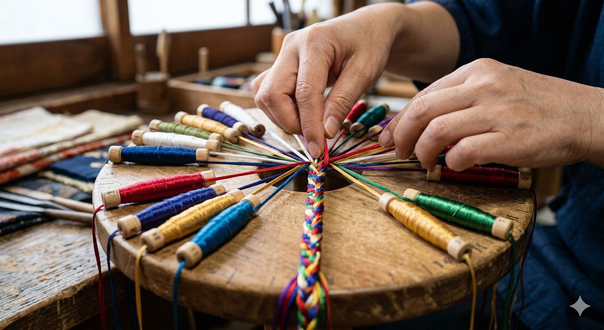 色とりどりの美しい絹糸を使って、伝統的な京くみひもを編んでいる手元のアップ画像