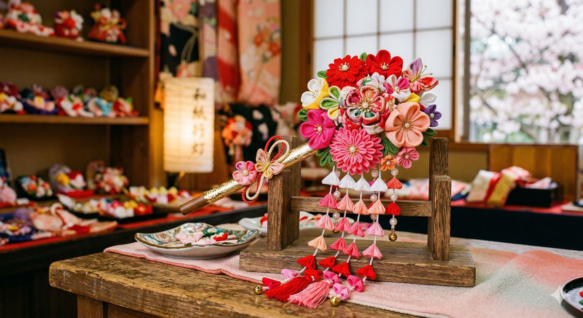 赤やピンクのカラフルなちりめん生地で作られた、可愛らしいつまみ細工のかんざし