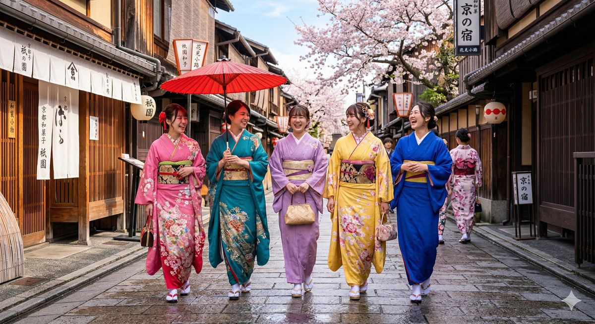 華やかな着物と和装小物を身につけ、京都の石畳の路地を笑顔で散策する女性たち