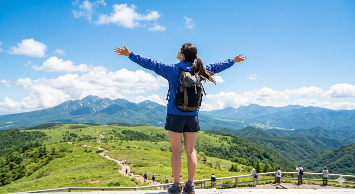 大空に向かって両手を広げて深呼吸する、活気に満ちた若者の後ろ姿のイメージ
