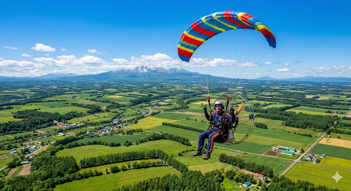 北海道の広大な緑の大地を見下ろしながら、青空を飛ぶモーターパラグライダーのイメージ