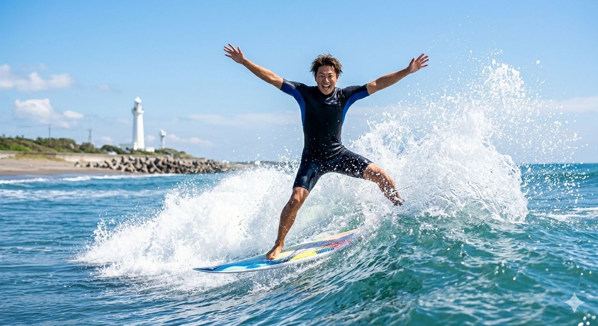 青い海で白い波しぶきを上げながら、サーフボードの上に立ち上がる瞬間の爽快なイメージ