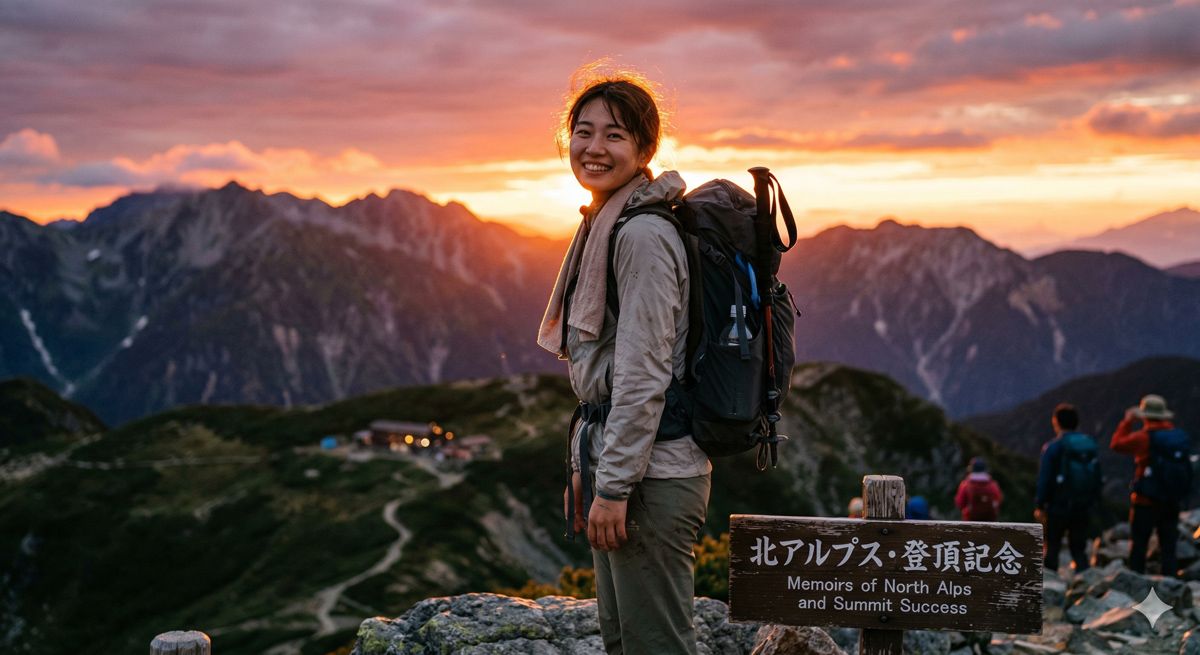 アクティビティを終えて、夕日を背に達成感と清々しい笑顔を浮かべる人物のイメージ