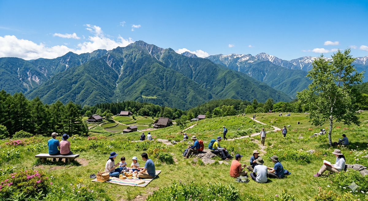 青空の下、大自然に囲まれた長野県南信州の美しい山々と、そこでのんびり過ごす人々の風景
