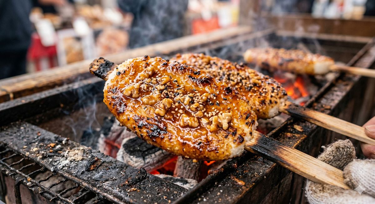 炭火で香ばしく焼かれ、くるみやゴマの特製甘辛タレがたっぷりと塗られた美味しそうな五平餅のアップ写真