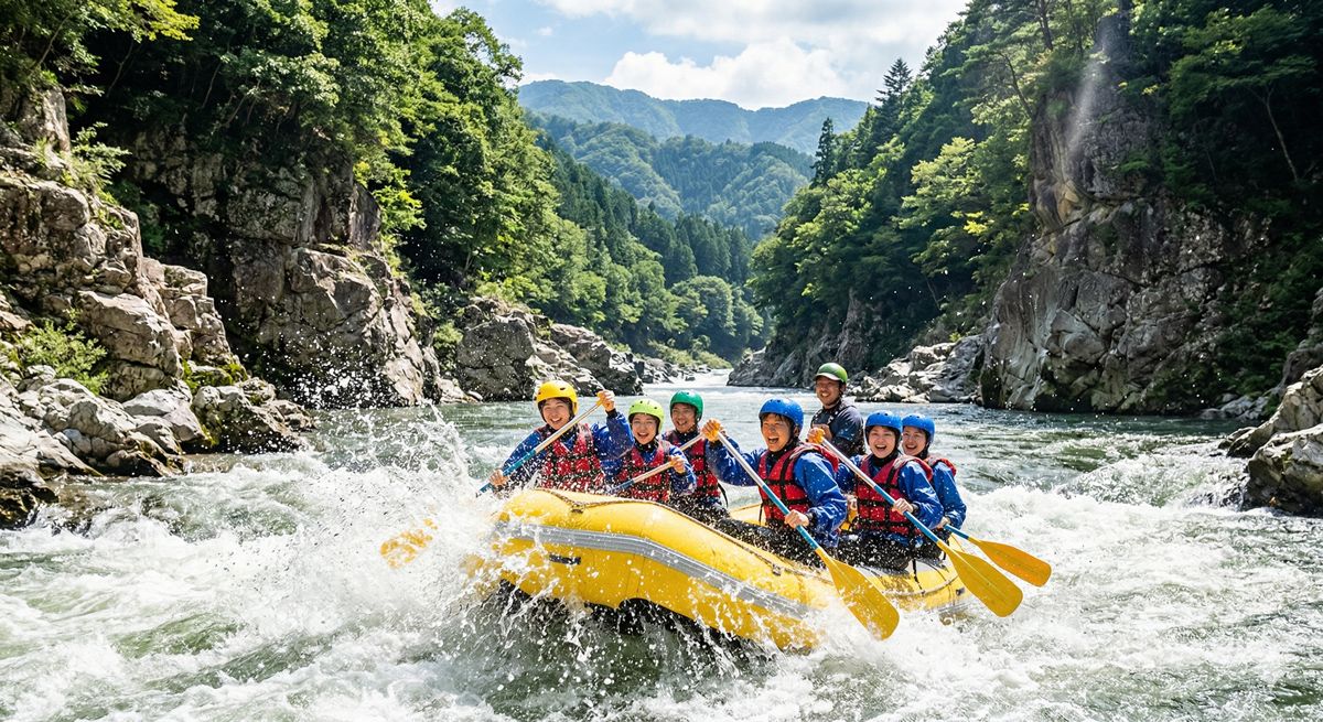水しぶきを激しく上げながら天竜川の急流を笑顔で下るラフティングボートと、雄大な渓谷の風景
