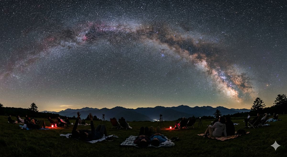長野県阿智村の満天の星空。天の川がくっきりと見え、芝生に寝転がって夜空を見上げる人々のシルエット