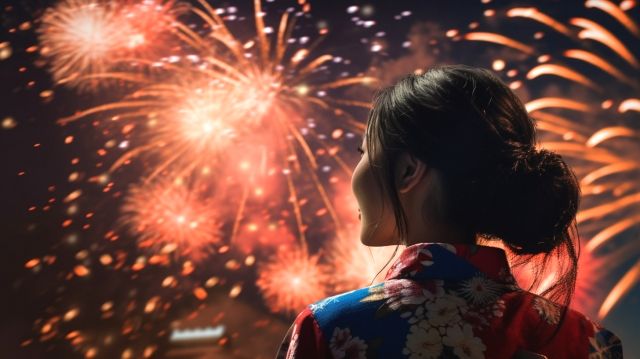 A woman wearing a yukata and enjoying fireworks