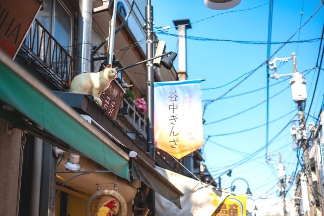 야나카 긴자 상점가와 나무 조각 고양이