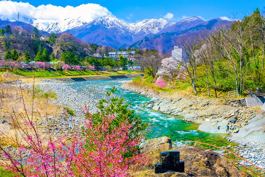 利根川は何県　どこからどこまで　日本一なのは　歴史・特徴を紹介　春の利根川と雪山