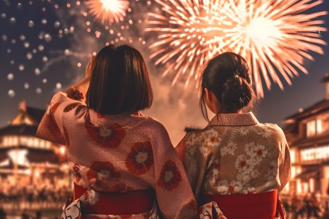 Two women wearing yukata and enjoying fireworks