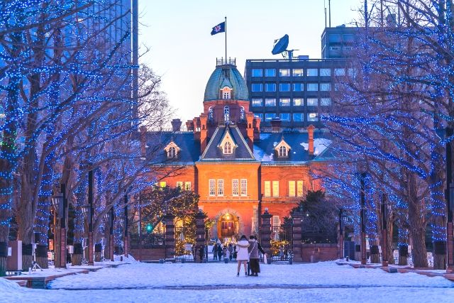 Winter scenery of Sapporo, Hokkaido, Hokkaido Prefectural Government Office illuminated