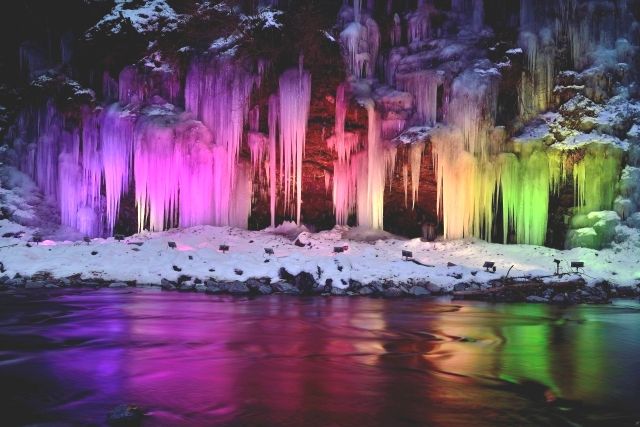 Misotsuchi icicles in Okuchichibu, Saitama, lit up in winter