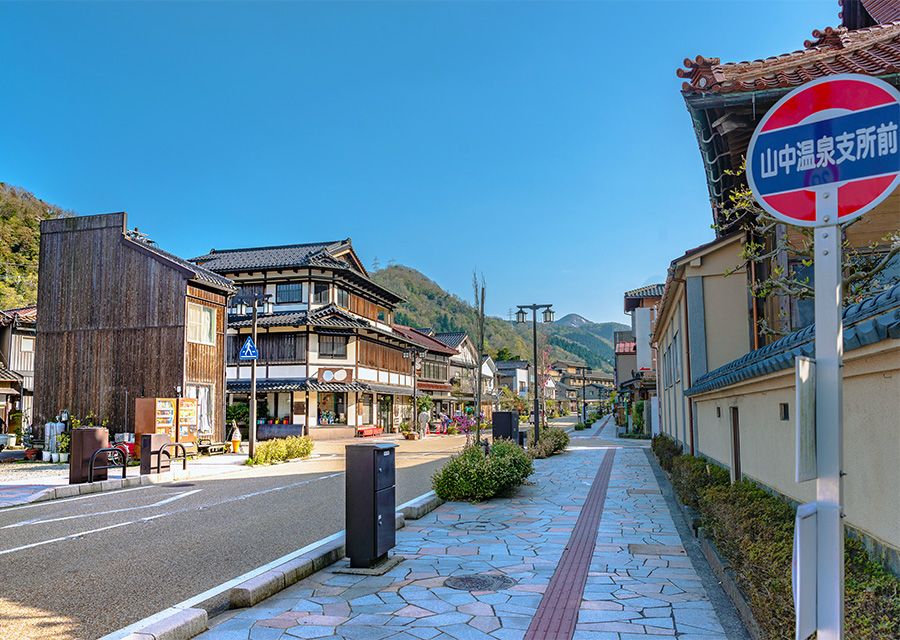 山中温泉　観光マップ　おすすめスポット＆グルメ　加賀温泉郷　ゆげ街道　メインストリート　温泉街　長谷部神社　参道　土産　グルメ　スイーツ　散策