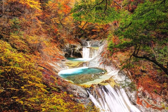 Yamanashi Nanatsugama Godan Falls and Autumn Leaves