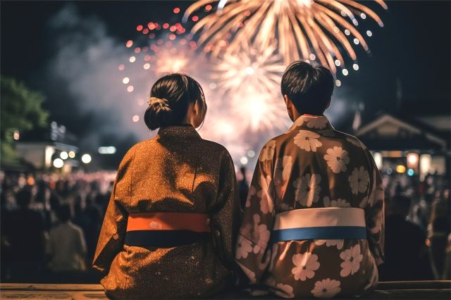 A couple wearing a yukata and enjoying a fireworks display